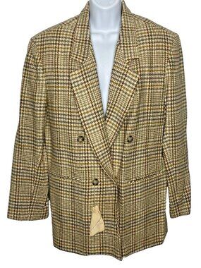 Vintage 80s La Redoute Wool Blazer Size 16 Houndstooth Double Breasted
